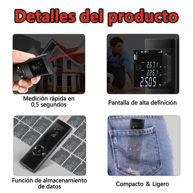 MITEGELO 60m Medidor Láser Digital, Telemetro Láser con Recarga USB,