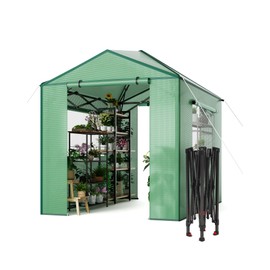 6x8 FT PopUp Walk-in Greenhouse for Outdoors, Portable Green Houses Kit for Gardening Plants, Zipper Roll Up Door Grow Tent for Winter, PE Cover, Durable Frame, Mesh Window, Easy Set-Up, Green