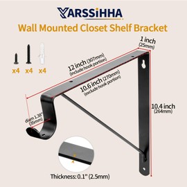 Yarssihha 2 Pack Closet Rod Bracket, 12 x 10.4 Inch Wall Mounted Closet Shelf Bracket, Black Closet Rod Support Bracket with Screws