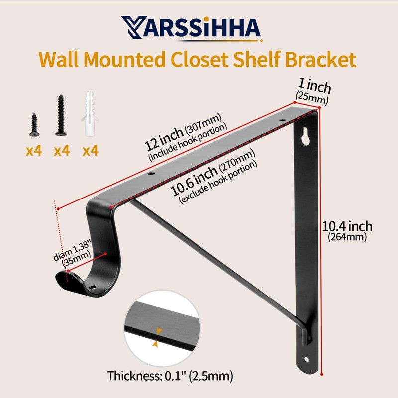 Yarssihha 2 Pack Closet Rod Bracket, 12 x 10.4 Inch