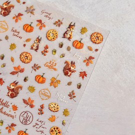 Fall Nail Art Stickers Maple Leaves Nail Stickers Pumpkin Squirrel Biscuit Nail Design Decals 5D Embossed Self Adhesive Nails Supplies Autumn Nails Decorations for Women
