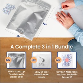 Wallaby 60 Count 1-Gallon Gusset Mylar Bags with 400cc Oxygen Absorbers, 15 Mil Total Thickness Long-Term Food Storage Pouches, 10x14 Stand-Up Resealable Heat-Sealable Airtight Packaging - Silver