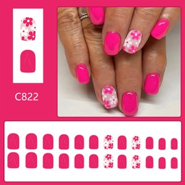 Flowers Press on Nails Short Square Fake Nails Light Red False Nails Acrylic Glue on Nails Glossy Full Cover Stick on Nails for Women Spring Summer Floral Artificial Nails 24 Pcs
