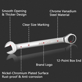 RIMKOLO 7-Piece Ratchet Wrenches Set, 8mm-17mm Metric Ratcheting Wrench Set 72-Tooth Box End and Open End Ratchet Wrench with Rolling Pouch