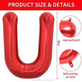 TONIFUL 40 Inch Large Bright Red Letter Balloons A-Z, Giant Jumbo Helium Foil Mylar Big Letter U Balloons for Birthday Party Anniversary Wedding Decorations