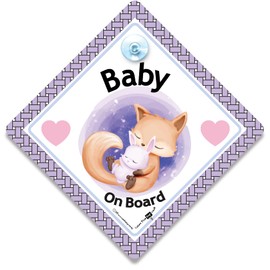 Baby On Board Sign, Baby Fox Car Sign, Baby on Board Sign, Grandchild On Board Car Window Sign Designed to Let Other Road Users Baby is in The Car, 14 cm x 14cm x 2cm