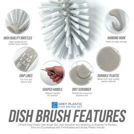 5-Pack Grey Plastic Dish Brush Set, Dish Scrubber and Washing up Brushes for Kitchen, Sink and Countertops with Firm Bristles and Sturdy Plastic Handle (Pack of 5 Fantail Dish Brushes)