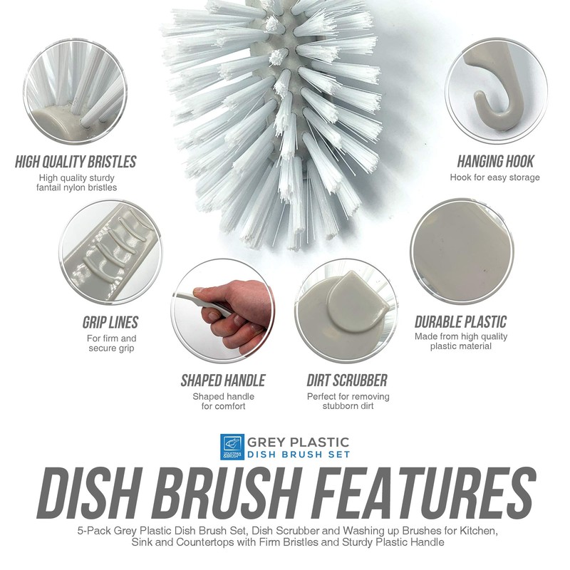 5-Pack Grey Plastic Dish Brush Set, Dish Scrubber and Washing
