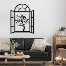 SIGNLEADER Metal Wall Art Decor Arched Window Frame Tree Modern Abstract Wall Sculpture Hangings Home Decoration for Living Room, Bedroom, Bathroom, Kitchen, Outdoor - 18" Black