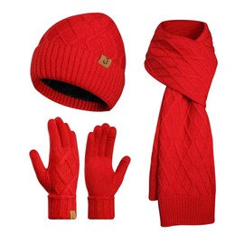 Winter Beanie Warm Hat Long Scarf Touchscreen Glove Set for Men&Women with Fleece Lined Skull Caps Neck Warmer Scarves for Cold Weather 3 in 1 Set (Red)