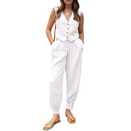 PRETTYGARDEN Summer Womens Two Piece Outfits Cotton Casual Suit Sets V Neck Button Front Cropped Tank Tops Vest Pockets Pants (White,X-Large)
