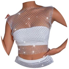 L’Oréal Paris Lorealri Mesh Crystal Body Chain Black Rhinestone Fishnet Sleeveless Tank Tops See Through Bikini Womenswear Party Body Accessories Jewelry for Women - Colour: White