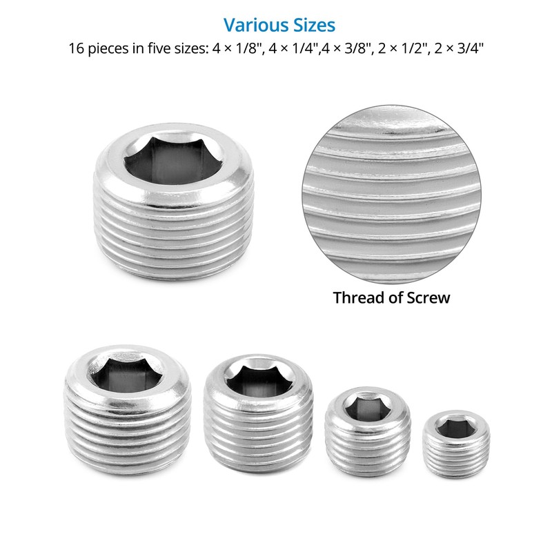 QWORK 304 Stainless Steel Pipe Fitting Kit Hex Countersunk Plug