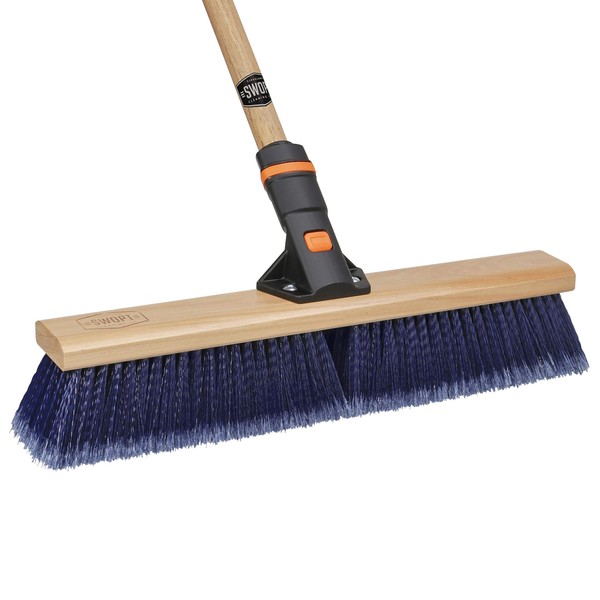 SWOPT 18” Premium Multi-Surface Push Broom + 60" EVA Foam Comfort Grip Wooden Handle, Combo — Broom Head w/Long Handle Interchangeable w/SWOPT Cleaning Heads — Indoor & Outdoor Push Broom Set, Blue