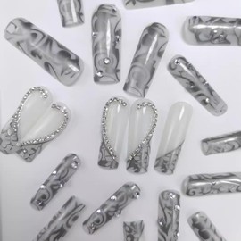 Press on Nails Long Square Fake Nails Black French False Tip with Rhinestones Charms Design Glue on Nails 3D Heart Stick on Nails Elegant Glitter Glossy Acrylic Nails for Women Manicure 24Pcs