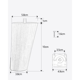 ROFMAPLE 10 cm / 4 Inch Wooden Table Legs, Pack of 4 Solid Wood Slanted Tapered Replacement Furniture Feet, Cabinet Feet with Pre-Drilled M8 Bolts, Mounting Plates, Screws and Foot Pads for Cabinet, Sofa, Coffee Table