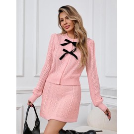 Women's Cable Knit Sweater Dress Set 2 Piece Outfits Button Down Crew Neck Cardigan with Bow Pink M