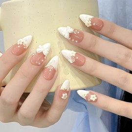 French Tip Press on Nails with 3D Flower Bow Acrylic Fake Nails Reusable Artificial on Nails Glossy Nail Art Tips Full Cover Stick on Nails for Women and Girls Salon Nail Decoration 24Pcs