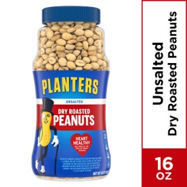 Planters Peanuts, Dry Roasted & Unsalted, 16 Ounce Jar (Pack of 4)