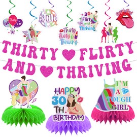 Aposwow Thirty Flirty and Thriving Decorations - 12PCS 30 Flirty and Thriving Banners with Hanging Swirls Birthday Decoration Talk 30 to Me Honeycomb Centerpieces Bday Decor Supplies for 30th Women