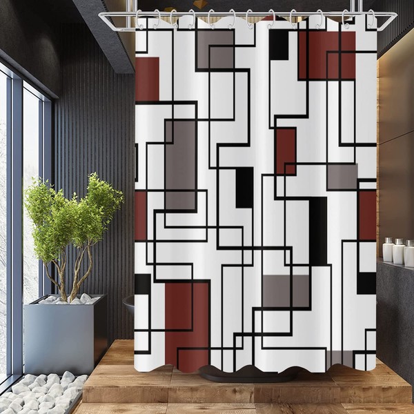 GCIREC Modern Abstract Burgundy Shower Curtain, Burgundy Grey Black Geometric