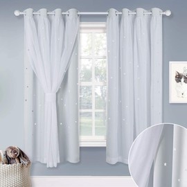 NICETOWN Nursery Bedroom Curtains 63 inch Length, Room Darkening Starry Drapes Overlapped with White Sheer for Kids/Thanksgiving Present (52" Wide, Greyish White, 4 Tie Backs Included)