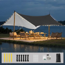 Rhino Valley Waterproof Tent Tarp, 9.8 × 9.8 Ft Large Outdoor Shelter Cover with Light Strings, Lightweight Portable Tarp Shelter Rain Tarp Camping Canopy for Hiking Traveling Backpacking, Black