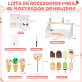 AUTOWT Tienda de Helados para Niños, 18 Piezas Juego de Comida Madera con Conos y Paletas, Accesorios Cocina Juguete Comida Juguete para Niñas y Niños