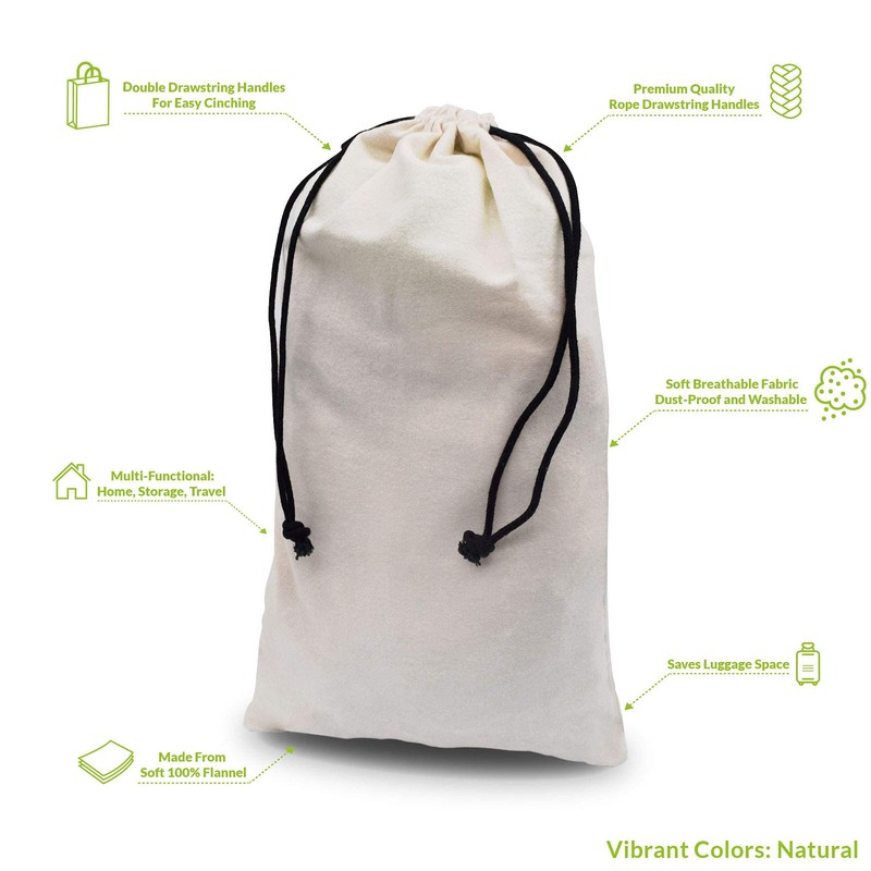 ZENPAC Travel Shoe Bag, Beige Duster Flannel Pouch Drawstring Closure,