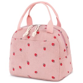 MOWUVAI Insulated Lunch Bag for Kids & Women - Cute Strawberry White Design, Large Capacity Cooler Lunch Box Perfect for Work, School, Picnics & BBQ (Pink)