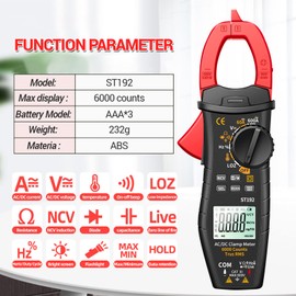 Jadeshay ST192 Clamp Multimeter, 6000 Counts True RMS AC/DC Voltage & Current Tester with Backlit LCD, No Battery Included