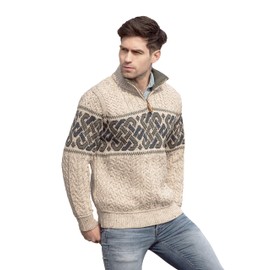 Aran Crafts Men's Irish Cable Knit Wool Half Zip Jacquard Sweater (X4843-XL-OAT) Oatmeal