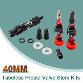 MUQZI Tubeless Presta Valve Stem Kits - No Leak Bike tubeless Valve Stems with Integrated Valve Core Remover Tool and Alloy Presta Valve Stem Caps for Bicycle, Red(40mm)