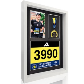 3-in-1 Shadow Box Display with Real Glass (Medal, Race Bibs, and Photo Display) – Marathon Medal Display and Frame, Triathlon & Running Bib Holder, Wall-Mounted, Real Tempered Glass- White