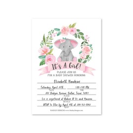 Hadley Designs 25 Elephant Wreath Baby Shower Invitations, Blush Garden Party Supplies