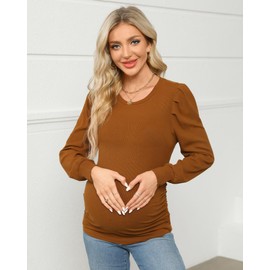 Onedreamer Women's Maternity Shirts Puff Sleeve Round Neck Tunic Top Casual Pregnancy Clothes Brown