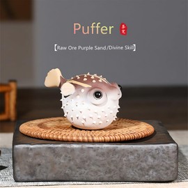 Yixing Purple Clay Tea Pet Puffer Fish Car Ornament Pure Handmade Statue for Tea Lover Home Office Fishbowl Decor