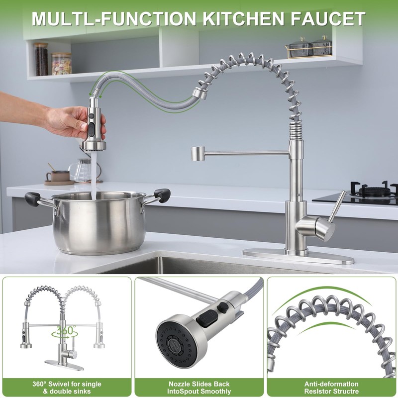 Brushed Nickel Pull Out Kitchen Faucet, Single Handle High Arc