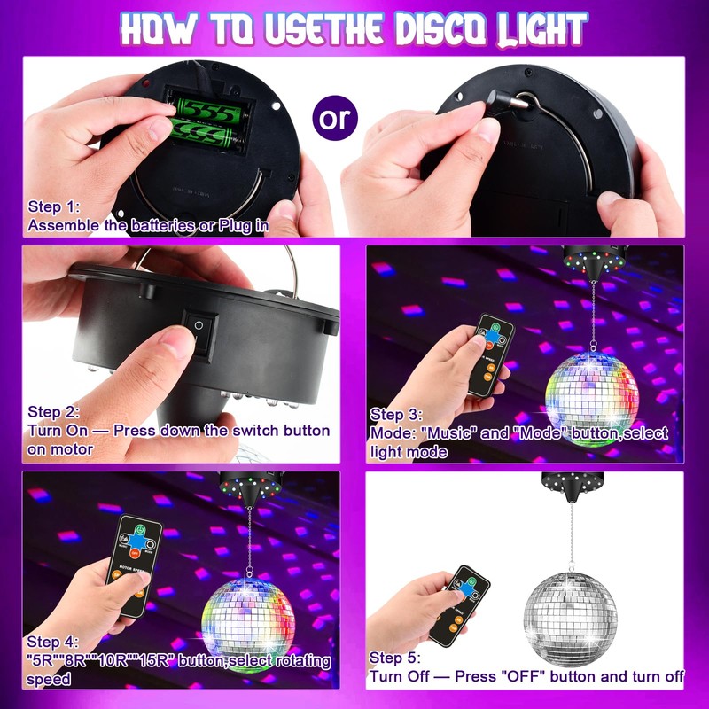 Disco Ball with Motor and Light, 5/8/10/15 RPM Variable Rotating