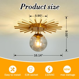 UOFUS Gold Sunburst Semi Flush Mount Ceiling Light Fixture with Glass Globe 1-Light Small Chandelier Farmhouse Ceiling Lamp for Hallway Stairwell Foyer Office Entryway