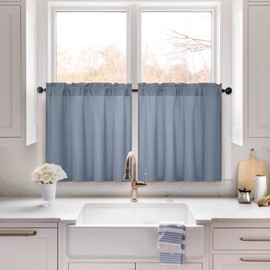 HOMEIDEAS Non-See-Through Stone Blue Privacy Sheer Kitchen Curtains 30 X 24 Inches Long 2 Panels Short Sheer Curtains Light Filtering Bathroom Window Curtains Drapes for Bedroom Living Room