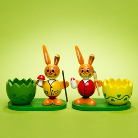 Sikora OD08 Easter Decoration Wooden Egg Cups with Easter Bunny Figures Set of 2, Colour/Model: A1, Set of 2, Yellow/Red
