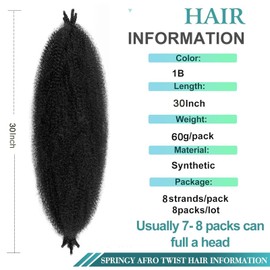 Cuban Twist Hair 30 Inch Black Kinky Twist Braiding Hair for Passion Twist Hair 8 Packs Marley Twist Braiding Hair 1B 30in Long Springy Afro Twist Hair Extension for Black Women