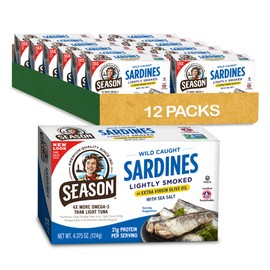 Season Sardines in Extra Virgin Olive Oil - Wild Caught, Lightly Smoked, 21g of Protein, Keto Snacks, More Omega 3's Than Tuna, Kosher, High in Calcium, Canned Sardines - 4.37 Oz Tins, 12-Pack