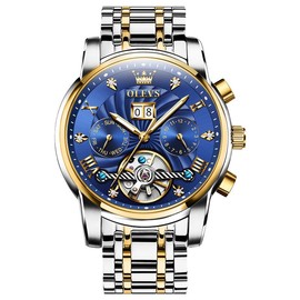 OLEVS Automatic Gold Watches for Men Luxury Classic Stainless Steel Calendar Luminous Waterproof Watches for Men - Color: Two Tone Strap - Blue Dial Gold Trim