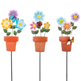 Qipade 3 Pcs Metal Flower Garden Stakes, 24" H Flower Pot Shape Decorative Garden Stakes, Metal Yard Art for Outdoor Spring Lawn Patio Pathway Decor