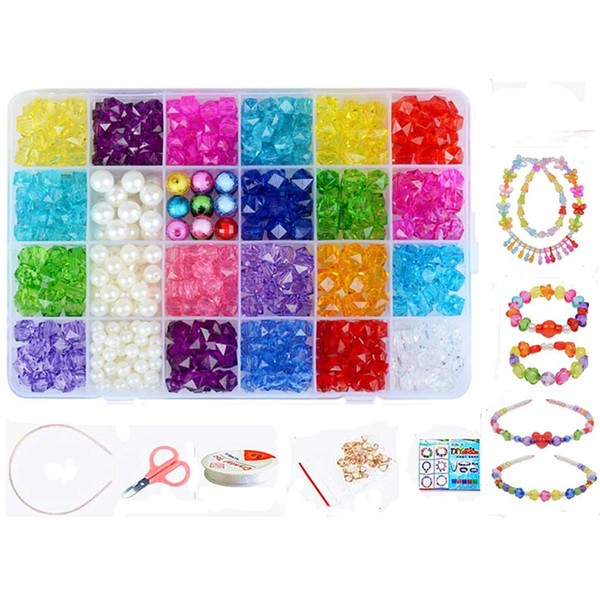 Vytung Children DIY Beads Set,Bracelet Bead Art & Jewellery-Making,Bead String Making Set,24 Different Types and Shapes Colorful Acrylic DIY Beads in a Box (Color 1#)