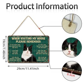 Vintage Wood Sign When Visiting My House Please Remember Rules Sign Art Funny Cat Wood Poster for Home Kitchen Bar Pub 29 X 19 CM (Green)