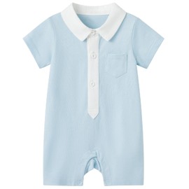 pureborn Baby Boy Romper Point Collar Short Sleeve Cotton One-Piece Outfit Summer Clothes Blue 6-9 Months