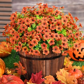 Fall Decor, Fake Mums, Fall Flowers, UV Resistant Artificial Mums for Outdoors, 12 Bundles Faux Mums for Outside, Fall Flowers Plants Artificial for Decoration For Home Porch Thanksgiving,Orange Red